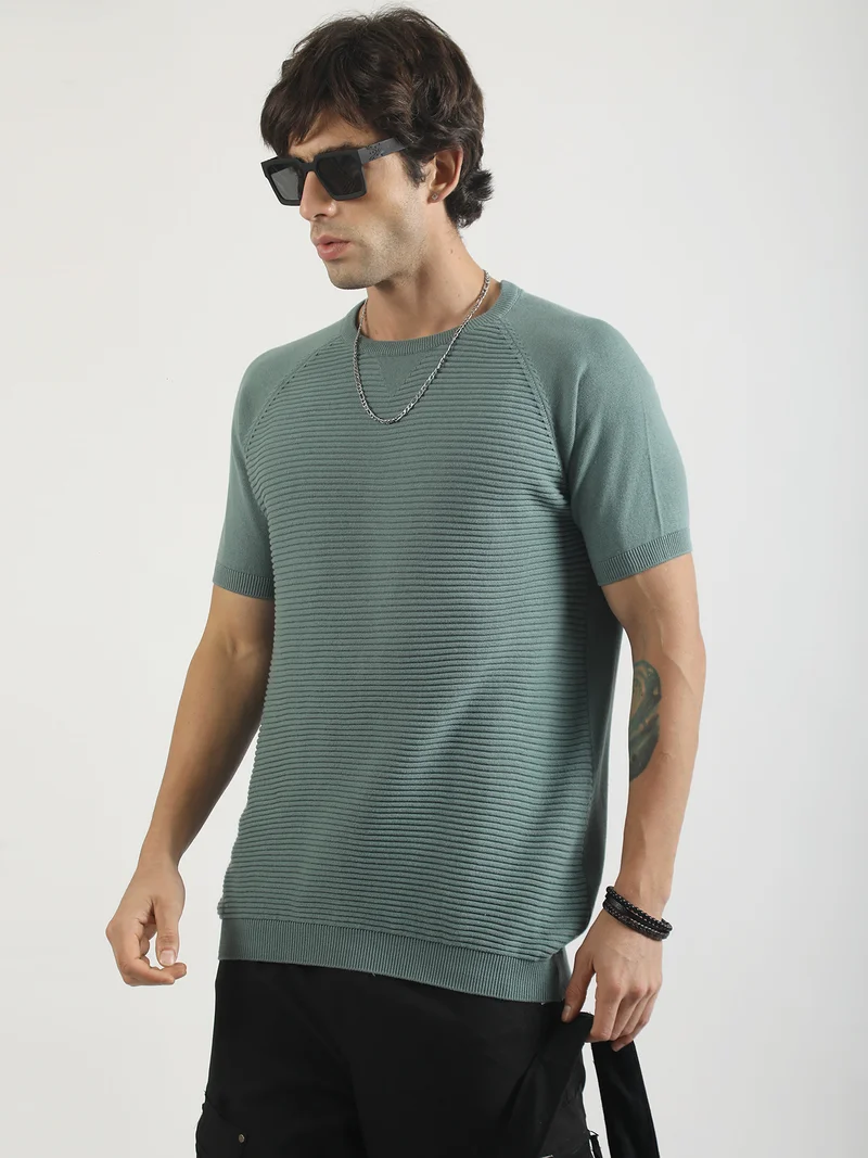 Maniac  Maniac Mens Textured Round Neck Raglan Half Sleeve Berly Green Cotton Polo Tshirt for Men | Best Price UAE