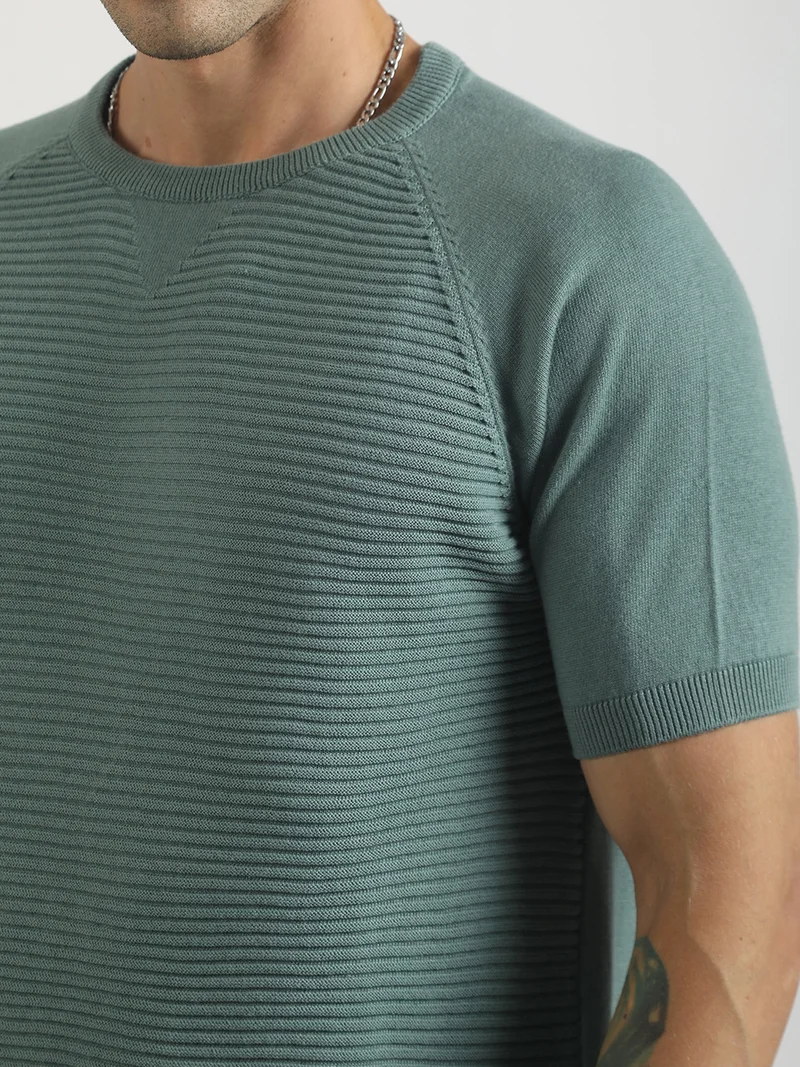 Maniac  Maniac Mens Textured Round Neck Raglan Half Sleeve Berly Green Cotton Polo Tshirt for Men | Best Price UAE