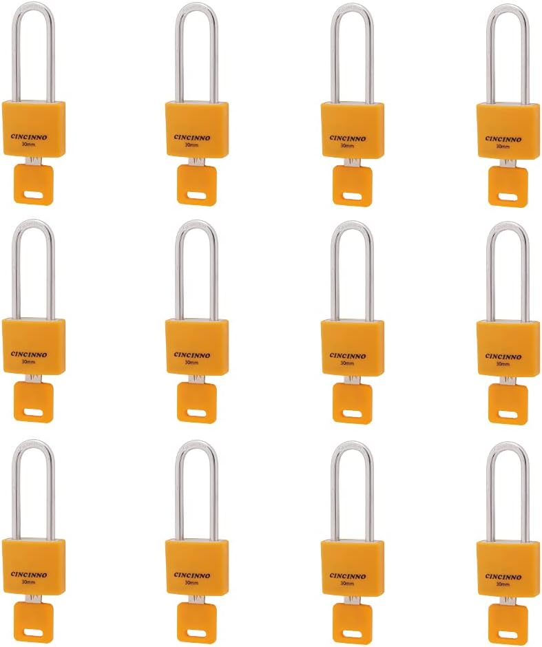 CINCINNO 1-3/16 in. Small Aluminum Key Lock，Keyed Alike Padlocks with Long Shackle for School Gym Locker, Toolbox,12 Pack - Image 1