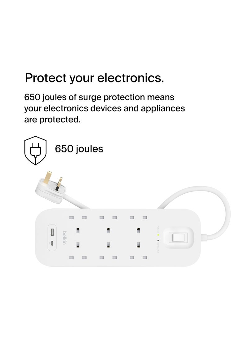 belkin 6-Outlet Surge Protector Power Strip, Wall-Mountable with 6 AC Outlets, 2M Power Cord, & Green Indicator Light - USB-C Port & USB-A Port w/USB-C PD Fast Charging - 650 Joules of Protection - Image 2