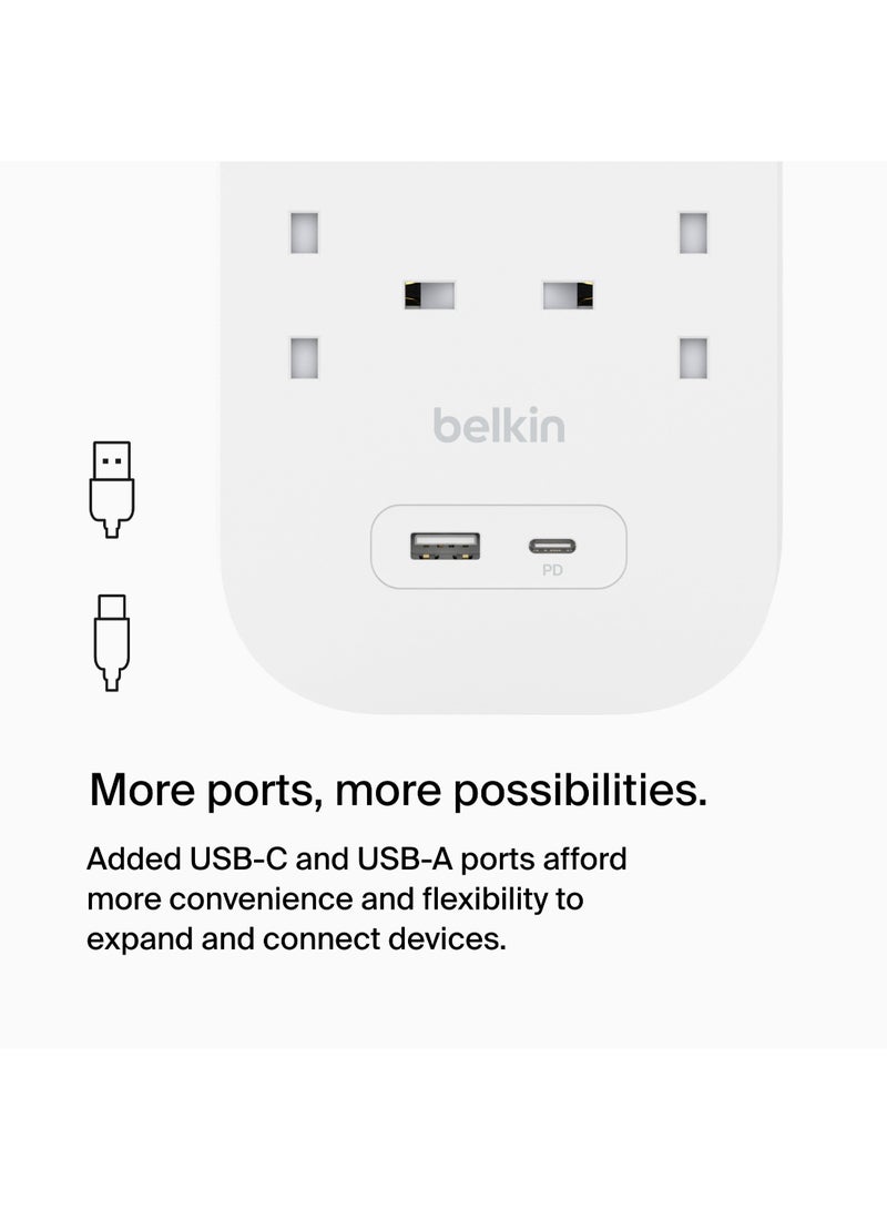 belkin 6-Outlet Surge Protector Power Strip, Wall-Mountable with 6 AC Outlets, 2M Power Cord, & Green Indicator Light - USB-C Port & USB-A Port w/USB-C PD Fast Charging - 650 Joules of Protection - Image 4