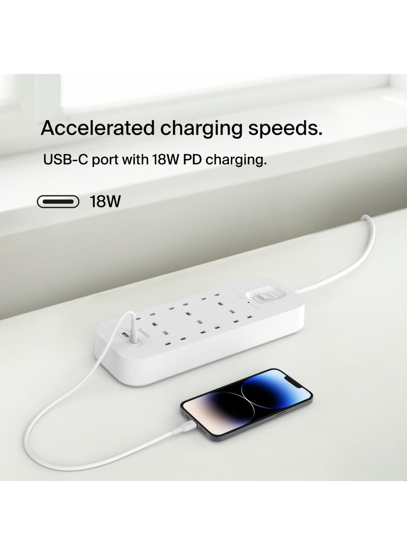 belkin 6-Outlet Surge Protector Power Strip, Wall-Mountable with 6 AC Outlets, 2M Power Cord, & Green Indicator Light - USB-C Port & USB-A Port w/USB-C PD Fast Charging - 650 Joules of Protection - Image 3
