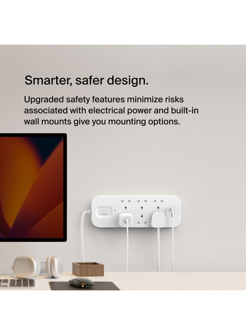 belkin 6-Outlet Surge Protector Power Strip, Wall-Mountable with 6 AC Outlets, 2M Power Cord, & Green Indicator Light - USB-C Port & USB-A Port w/USB-C PD Fast Charging - 650 Joules of Protection - Image 5