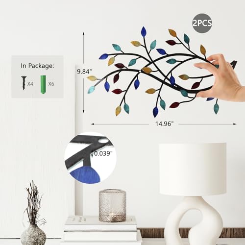 Meltset Metal Tree Leaf Wall Decor, Vine Olive Leaf Branch Wall Art, Wrought Iron Scroll Artwork, Decorative Wall Sculptures Above The Bed, Living Room, Hallway, Indoor and Outdoor（S/Blue） - Image 3