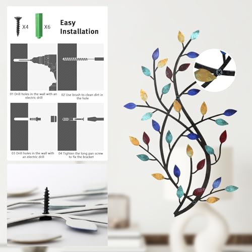 Meltset Metal Tree Leaf Wall Decor, Vine Olive Leaf Branch Wall Art, Wrought Iron Scroll Artwork, Decorative Wall Sculptures Above The Bed, Living Room, Hallway, Indoor and Outdoor（S/Blue） - Image 5