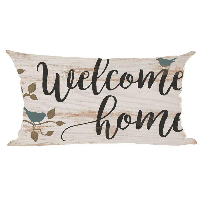 Ramirar Black Word Art Welcome Home Family Bird Retro Brown Wood Background Fall Decorative Lumbar Throw Pillow Cover Case Home Living Room Bed Sofa Car Cotton Linen Rectangular 12 x 20 Inches