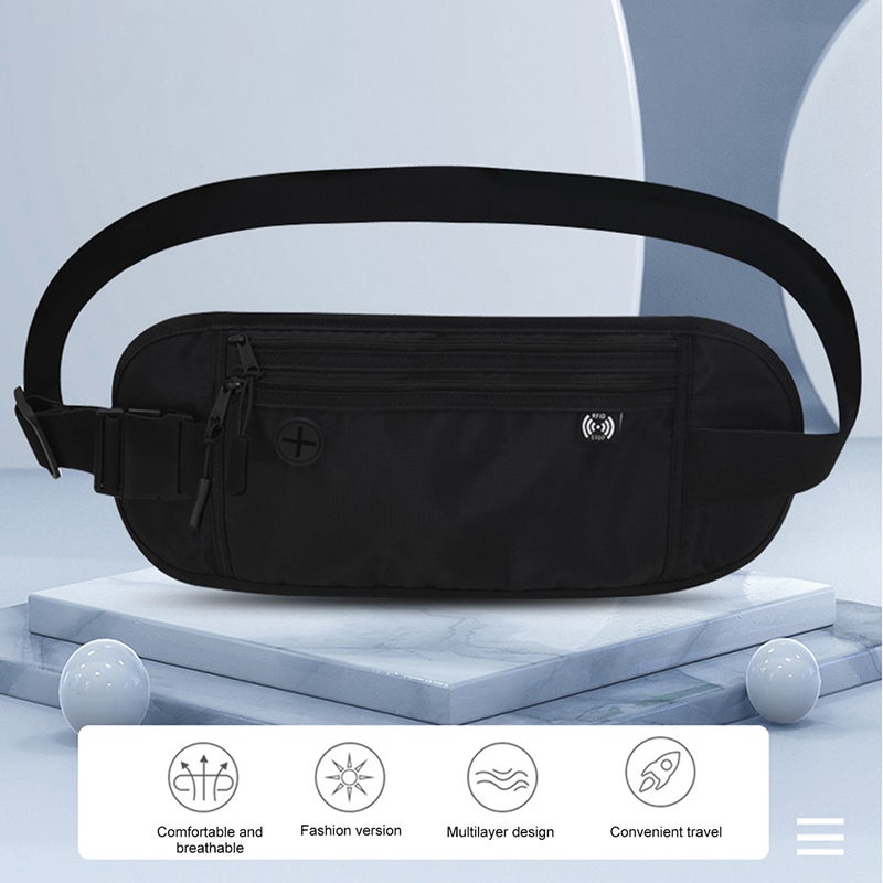 Waist Pack Light Grey Water-repellent Fabric - Two-layer Zipper Design Waist Bag with Breathable Mesh Earphone Hole for Running Hiking Cycling Travel Outdoor Activities - Image 4