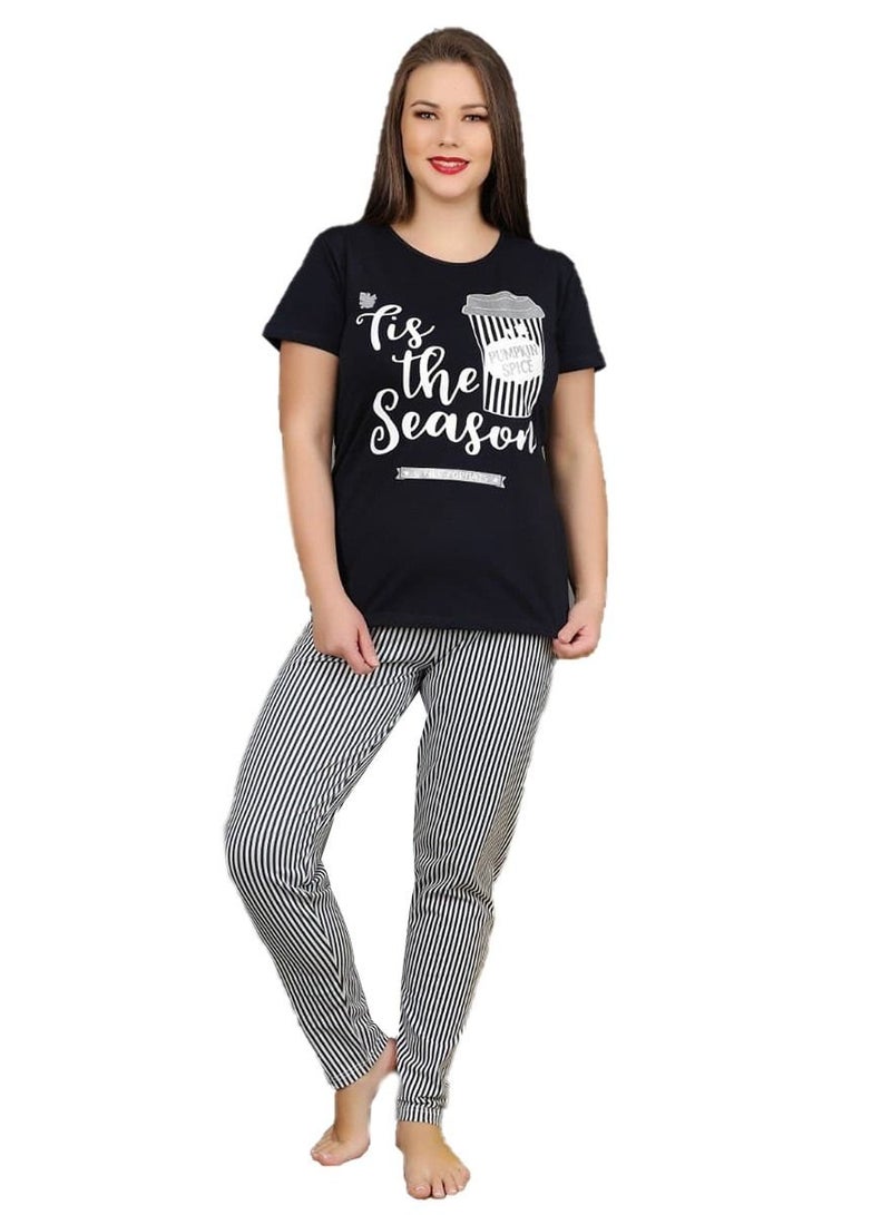 جنة بيجامة نسائية بأكمام قصيره وبنطلون طويل صيفيه مصنوعه من القطن مقاسات كبيره