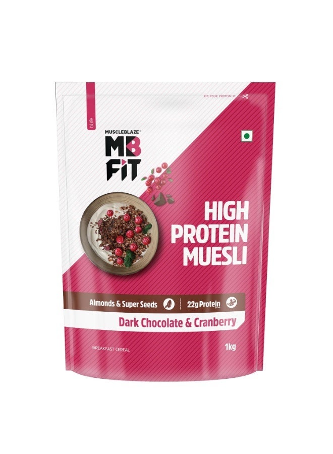 MuscleBlaze Fit High Protein Muesli, Dark Chocolate & Cranberry, 1kg - Image 1