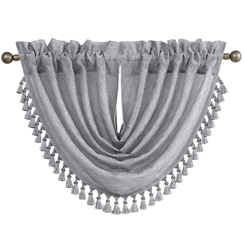 Central Park Central Park Gray Waterfall Valance Window Curtain Linen Texture White GEO Embroidery Rod Pocket for Living and Bedroom Semi Sheer Kitchen Curtain  56""x38""  1 Piece  - Image 1