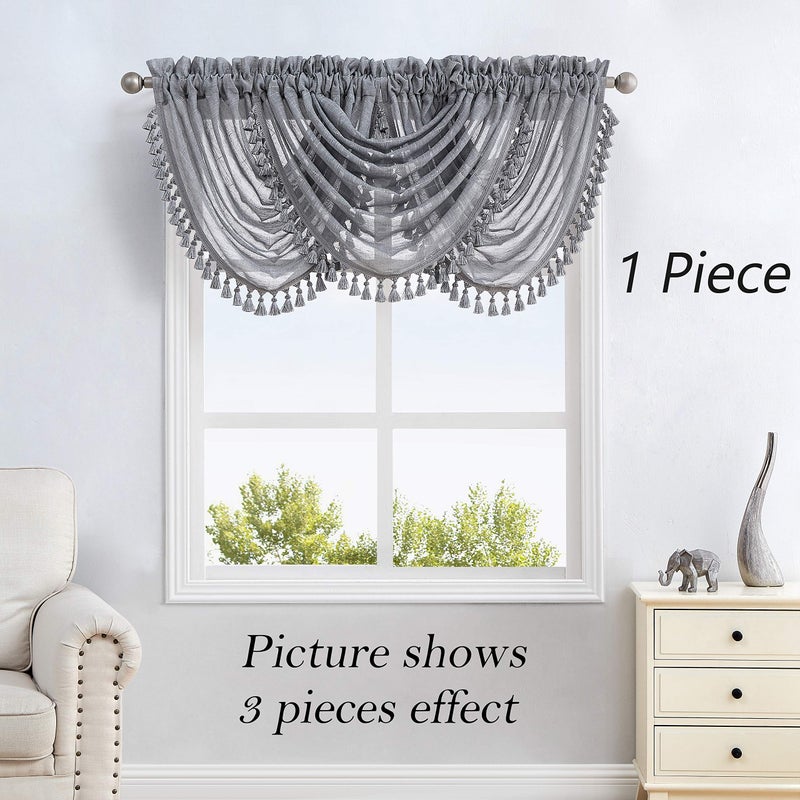 Central Park Central Park Gray Waterfall Valance Window Curtain Linen Texture White GEO Embroidery Rod Pocket for Living and Bedroom Semi Sheer Kitchen Curtain  56""x38""  1 Piece  - Image 2