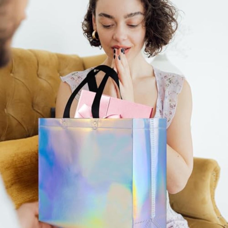 10 Pcs Gift Bags with Black Handles, 33x11x27cm Iridescent Non-Woven Reusable Holographic Goodie Bags Bulk with Sturdy Base for Birthdays, Weddings, Christmas, Eid, Party Favors and Shopping - Image 2