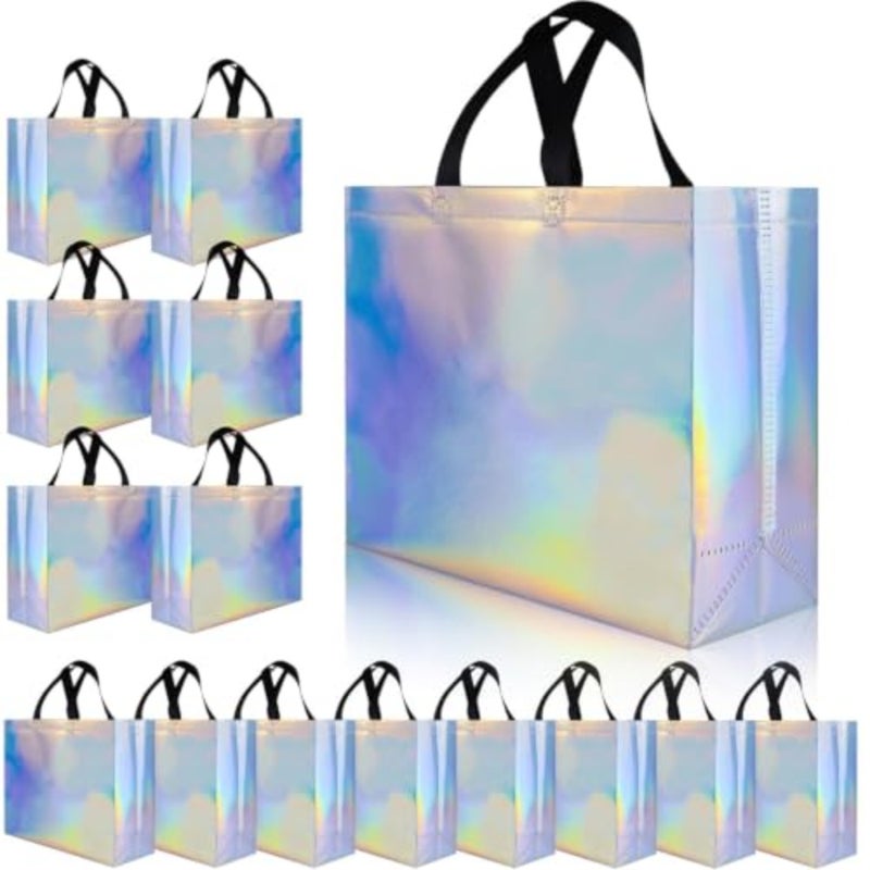 10 Pcs Gift Bags with Black Handles, 33x11x27cm Iridescent Non-Woven Reusable Holographic Goodie Bags Bulk with Sturdy Base for Birthdays, Weddings, Christmas, Eid, Party Favors and Shopping - Image 1