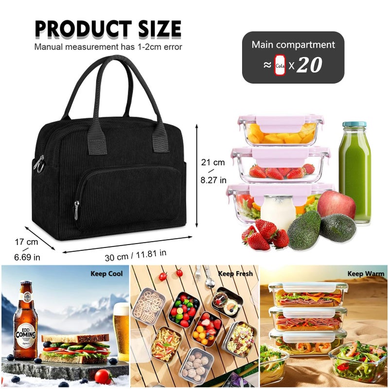 FITDON Insulated Lunch Bag for Women Men, Large Lunch Box Container Leakproof Corduroy Cooler Bag Lunch Tote Bag for Work Picnic, Black - Image 5