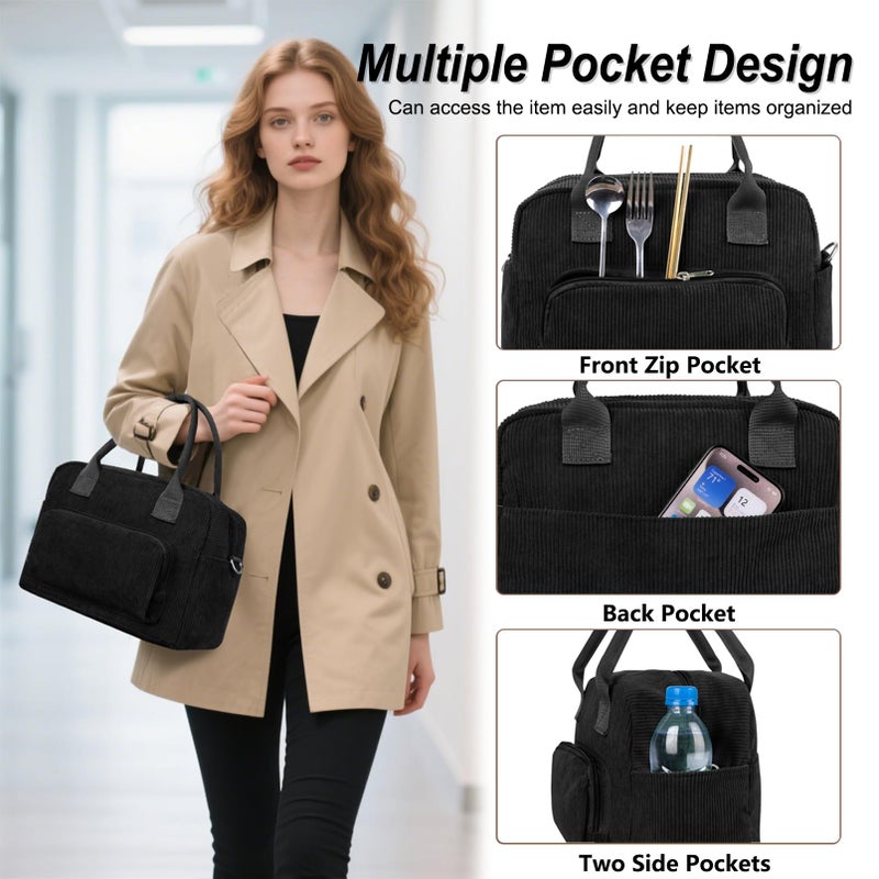 FITDON Insulated Lunch Bag for Women Men, Large Lunch Box Container Leakproof Corduroy Cooler Bag Lunch Tote Bag for Work Picnic, Black - Image 4