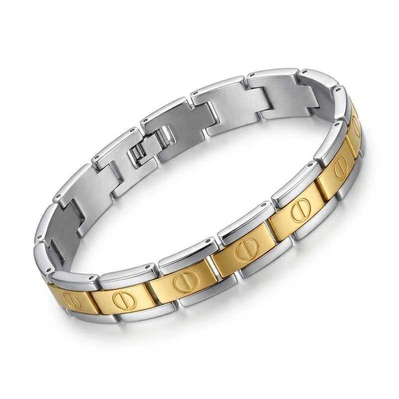 A luxurious men's bracelet made of rust-resistant stainless steel, with a two-tone ring design; the gold parts shine with a finely engraved nail pattern that gives an elegant look. - Image 1
