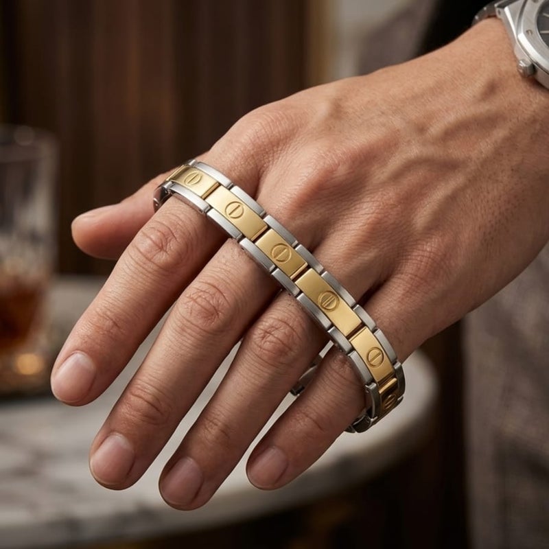 A luxurious men's bracelet made of rust-resistant stainless steel, with a two-tone ring design; the gold parts shine with a finely engraved nail pattern that gives an elegant look. - Image 4