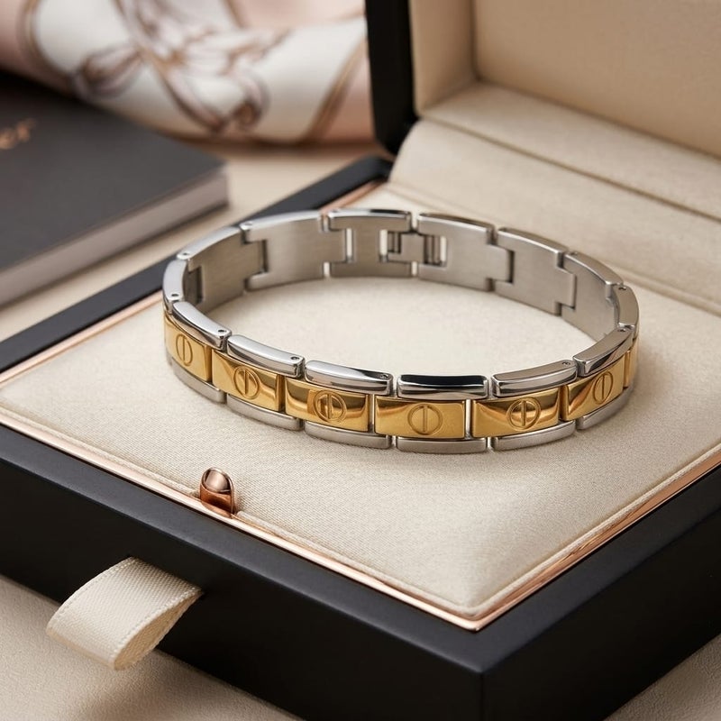 A luxurious men's bracelet made of rust-resistant stainless steel, with a two-tone ring design; the gold parts shine with a finely engraved nail pattern that gives an elegant look. - Image 5