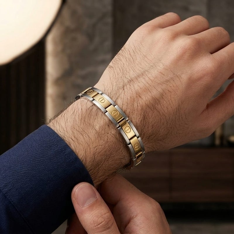 A luxurious men's bracelet made of rust-resistant stainless steel, with a two-tone ring design; the gold parts shine with a finely engraved nail pattern that gives an elegant look. - Image 3