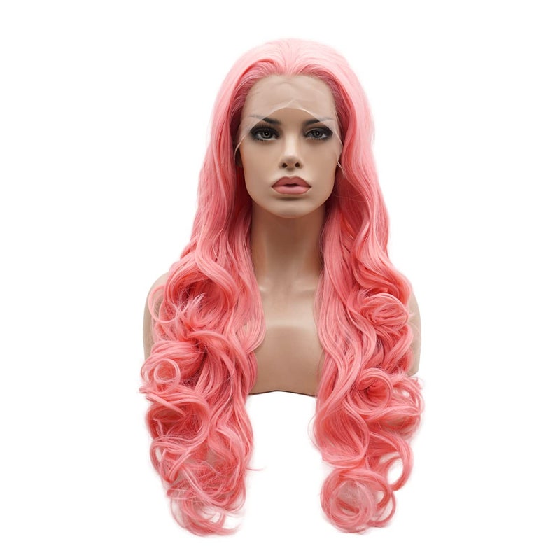 Lushy Hair Lace Front Synthetic Wig Wavy Long 26inch Pink Wig Heat Resistant Heavy Density Realistic Wig