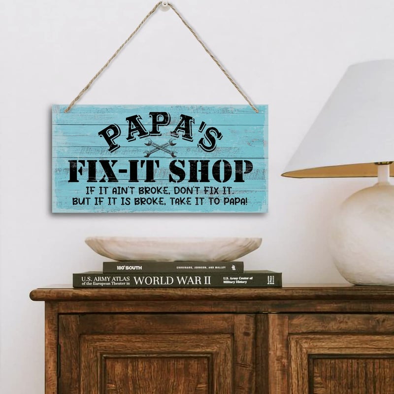 Razpah Vintage Style ""Papa's Fix-It Shop If It Ain't Broke  Don't Fix It. But If It Is Broke  Take It To PAPA!"" Decor Sign  Printed Wood Plaque Sign  Hanging Wood Sign Home Decor  Gift for Grandpa 12"" x 6"" - Image 2