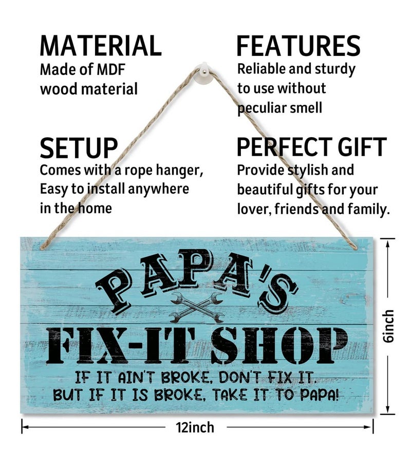 Razpah Vintage Style ""Papa's Fix-It Shop If It Ain't Broke  Don't Fix It. But If It Is Broke  Take It To PAPA!"" Decor Sign  Printed Wood Plaque Sign  Hanging Wood Sign Home Decor  Gift for Grandpa 12"" x 6"" - Image 3