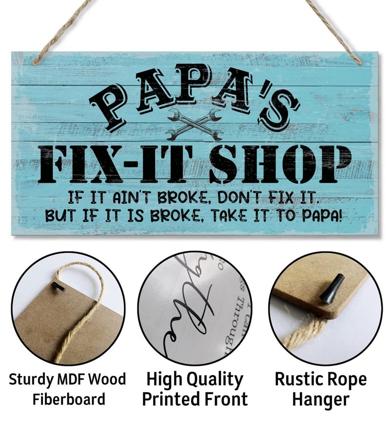 Razpah Vintage Style ""Papa's Fix-It Shop If It Ain't Broke  Don't Fix It. But If It Is Broke  Take It To PAPA!"" Decor Sign  Printed Wood Plaque Sign  Hanging Wood Sign Home Decor  Gift for Grandpa 12"" x 6"" - Image 5