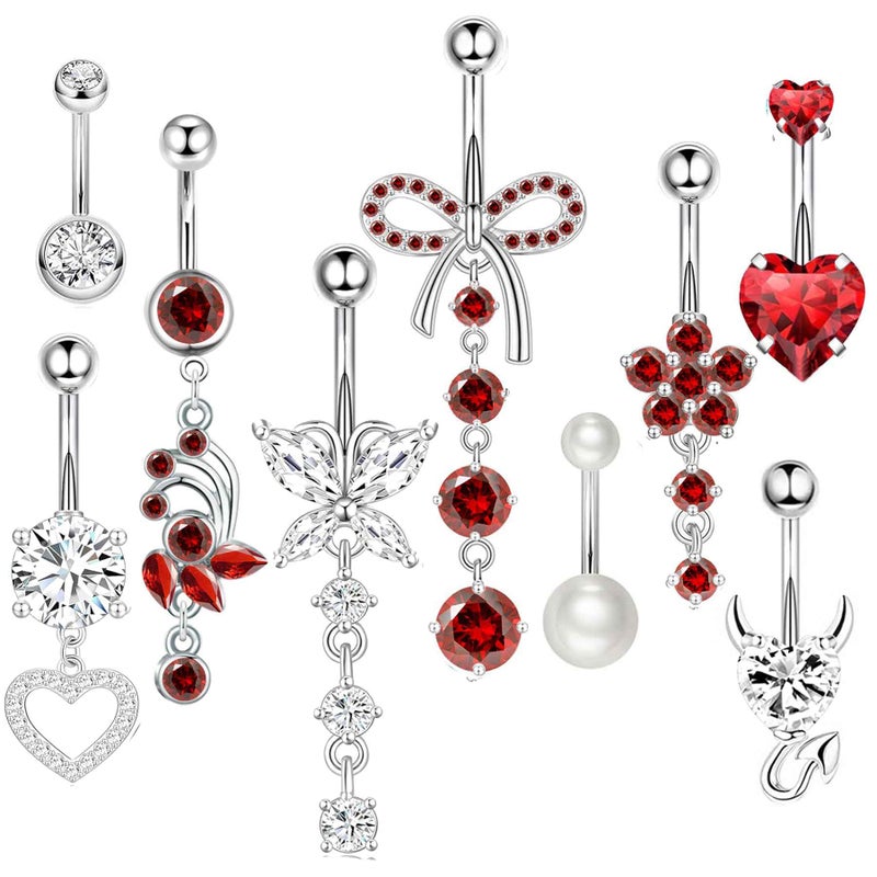 Suotarn 14G Belly Button ring Dangle Belly Rings Surgical Stainless Steel Cute Bow Butterfly Heart Flower Dangling Belly Button Piercing Jewelry For Women Silver Dainty Dangly Navel Ring (red) - Image 1