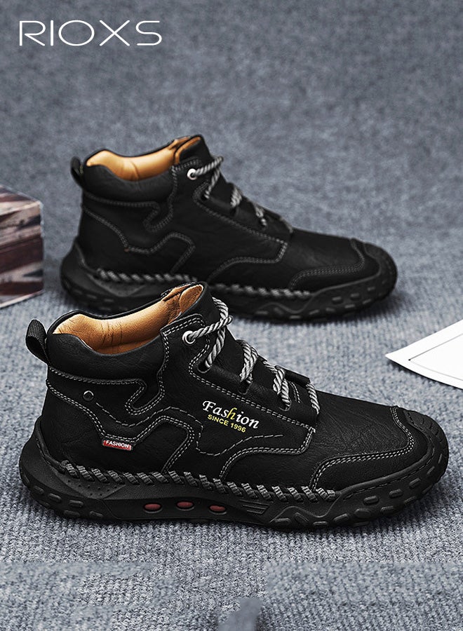 ريوكس أحذية تشوكا للرجال، أحذية مارتن العصرية للدراجات النارية، أحذية تشوكا جلدية كلاسيكية برباط، أحذية قتالية للدراجات النارية للرجال، أحذية كاحل بأصابع مستديرة للرجال، أحذية رياضية قصيرة عالية الرقبة، حذاء رياضي أسود للرجال - Image 3