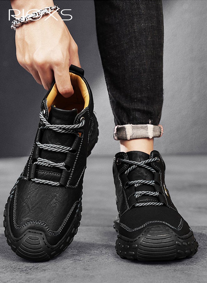 ريوكس أحذية تشوكا للرجال، أحذية مارتن العصرية للدراجات النارية، أحذية تشوكا جلدية كلاسيكية برباط، أحذية قتالية للدراجات النارية للرجال، أحذية كاحل بأصابع مستديرة للرجال، أحذية رياضية قصيرة عالية الرقبة، حذاء رياضي أسود للرجال - Image 1