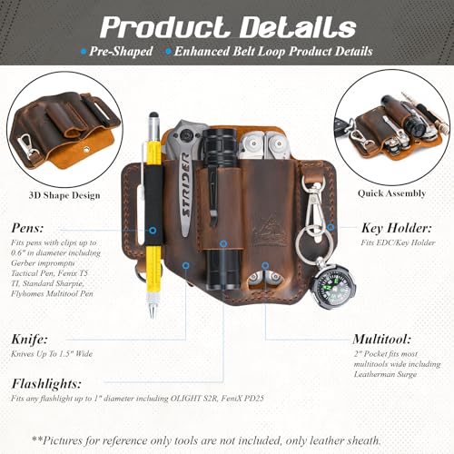 FI FLYHOMES FLYHOMES Premium FullGrain Genuine Cowhide Leather Multitool Sheath Handmade Stitched Belt Organizer for Leatherman Flashlight Pen EDC Tools MultiTool Holster Pouch with Keychain Clip - Image 3