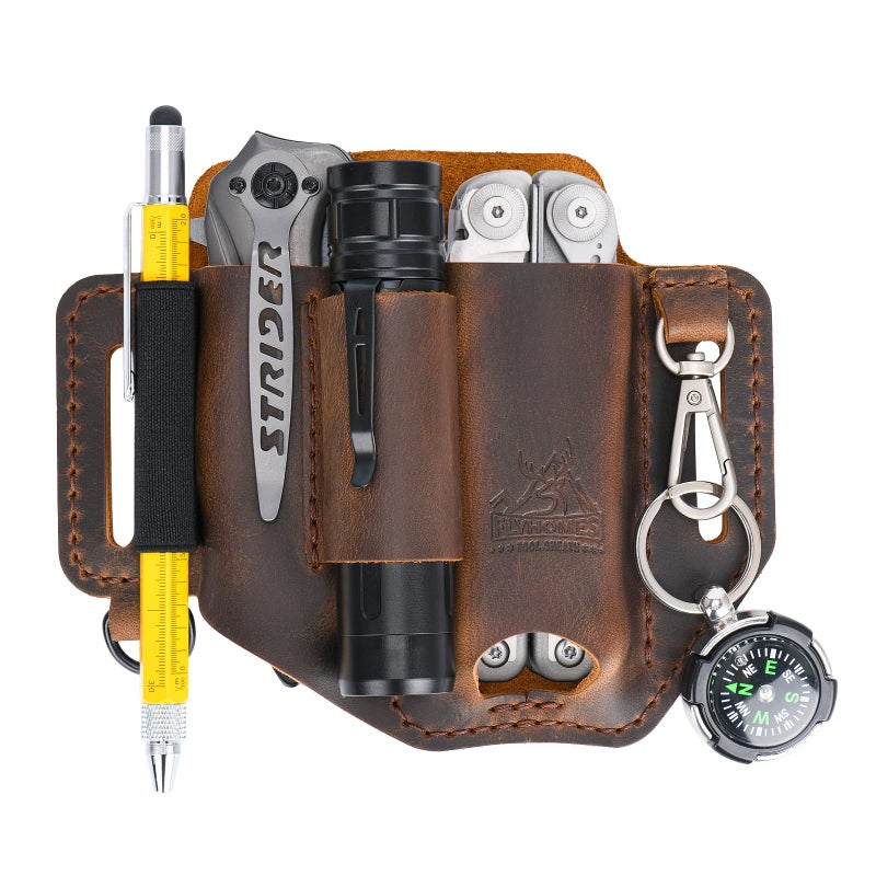 FI FLYHOMES FLYHOMES Premium FullGrain Genuine Cowhide Leather Multitool Sheath Handmade Stitched Belt Organizer for Leatherman Flashlight Pen EDC Tools MultiTool Holster Pouch with Keychain Clip - Image 2
