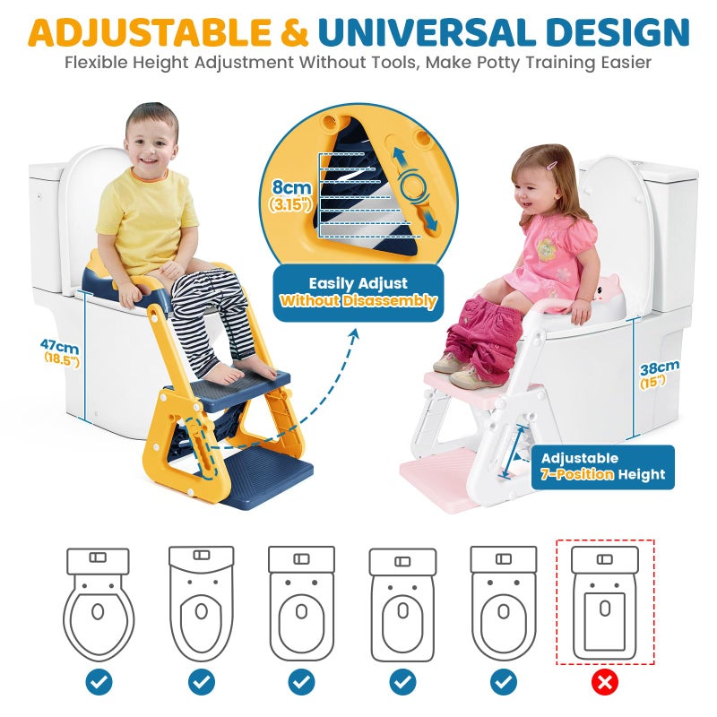 Orzbow 2-IN-1 Potty Training Seat with Step Stool, Height Adjustable Toilet Seat for Toddler, Potty Training with Splash Guard for Kids Boys Girls, Stability Ladder and Anti-Slip Pad, Yellow - Image 3