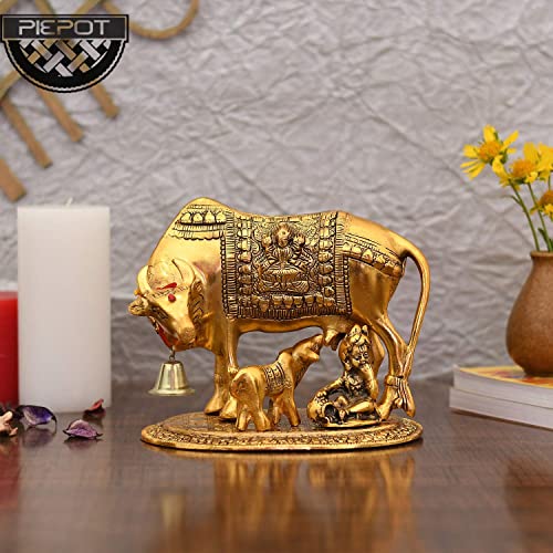 Piepot |Collectible Gifts | Metal Cow n Calf Kamdhenu Statue | Gold Plated, Set of 1, Gift Item, Home Decoration (Cow & Calf Laddu Gopal Ji) - Image 2