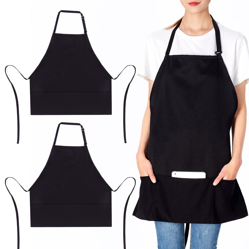 Jubatus 2 Pack 3 Pockets Adjustable Bib Apron Chef Kitchen Cooking Aprons for Women Men Black