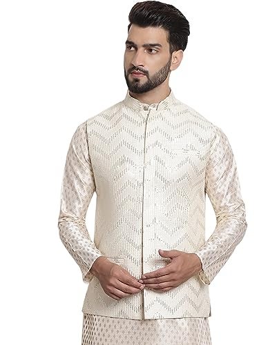 Sojanya (Since 1958 Men'S Silk Blend, Gold Sequence Embroidered Cream Color Nehru Jacket - Image 1