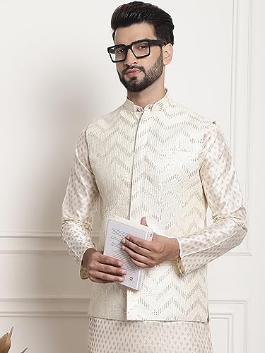 Sojanya (Since 1958 Men'S Silk Blend, Gold Sequence Embroidered Cream Color Nehru Jacket - Image 2