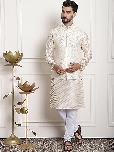 Sojanya (Since 1958 Men'S Silk Blend, Gold Sequence Embroidered Cream Color Nehru Jacket - Image 5
