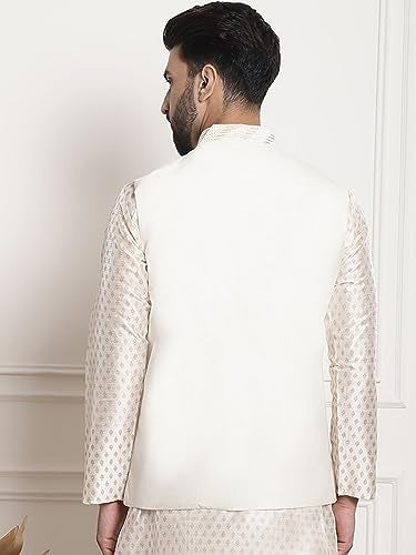 Sojanya (Since 1958 Men'S Silk Blend, Gold Sequence Embroidered Cream Color Nehru Jacket - Image 3