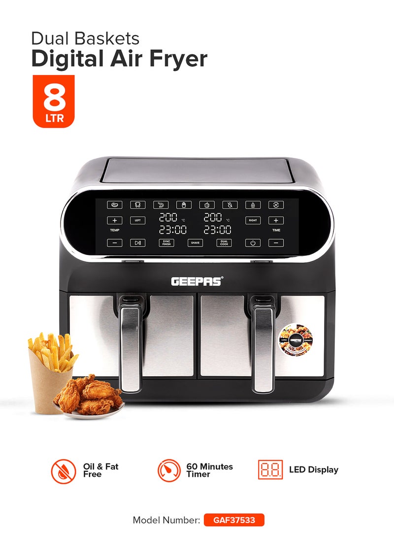 GEEPAS Digital Air Fryer  8 L (2X4L) With 60 Min.Timer| Cool Touch Handle, Led Display, Overheat Production| Shake Reminder, 8 Preset Programs, Dual Cook Setting, Sync Cooking Setting 8 L 1700 W GAF37533 Black - Image 1