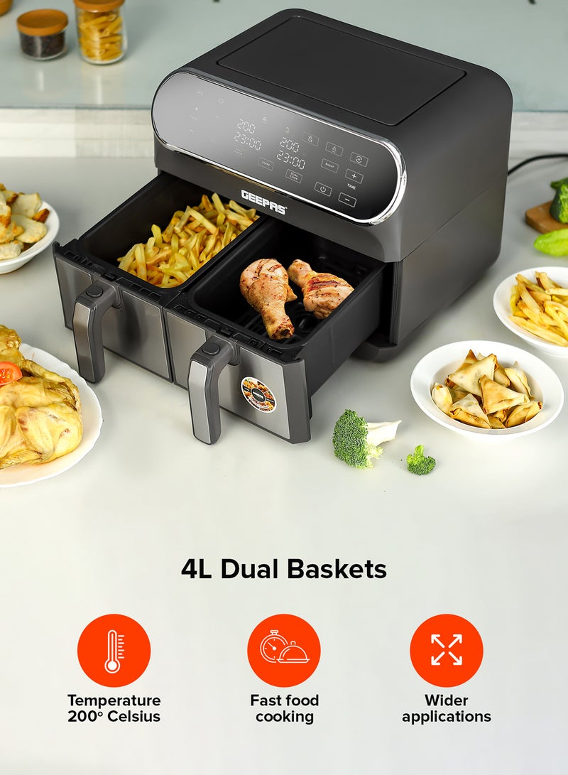 GEEPAS Digital Air Fryer  8 L (2X4L) With 60 Min.Timer| Cool Touch Handle, Led Display, Overheat Production| Shake Reminder, 8 Preset Programs, Dual Cook Setting, Sync Cooking Setting 8 L 1700 W GAF37533 Black - Image 5