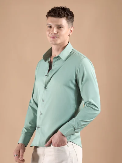 Beyoung Seafoam Blue Solid Regular Fit Shirt
