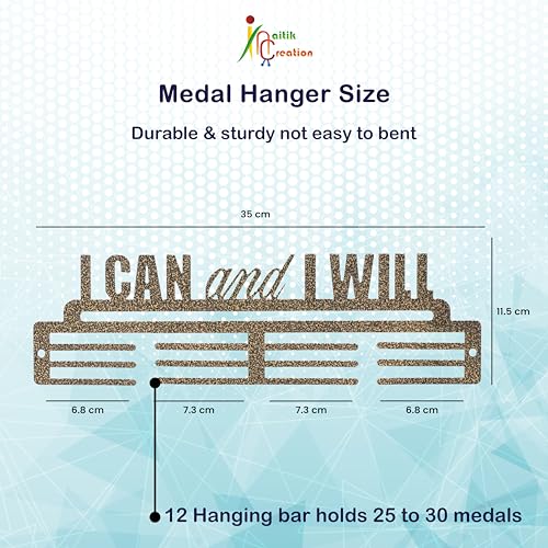 NAITIK CREATION Medal Hanger for Wall – Medal Holder Display Hanger | Holds Up to 65 Medals | Sports Medal Display | Medals Hanger | Premium Antique Golden, (I Can I Will) - Image 3