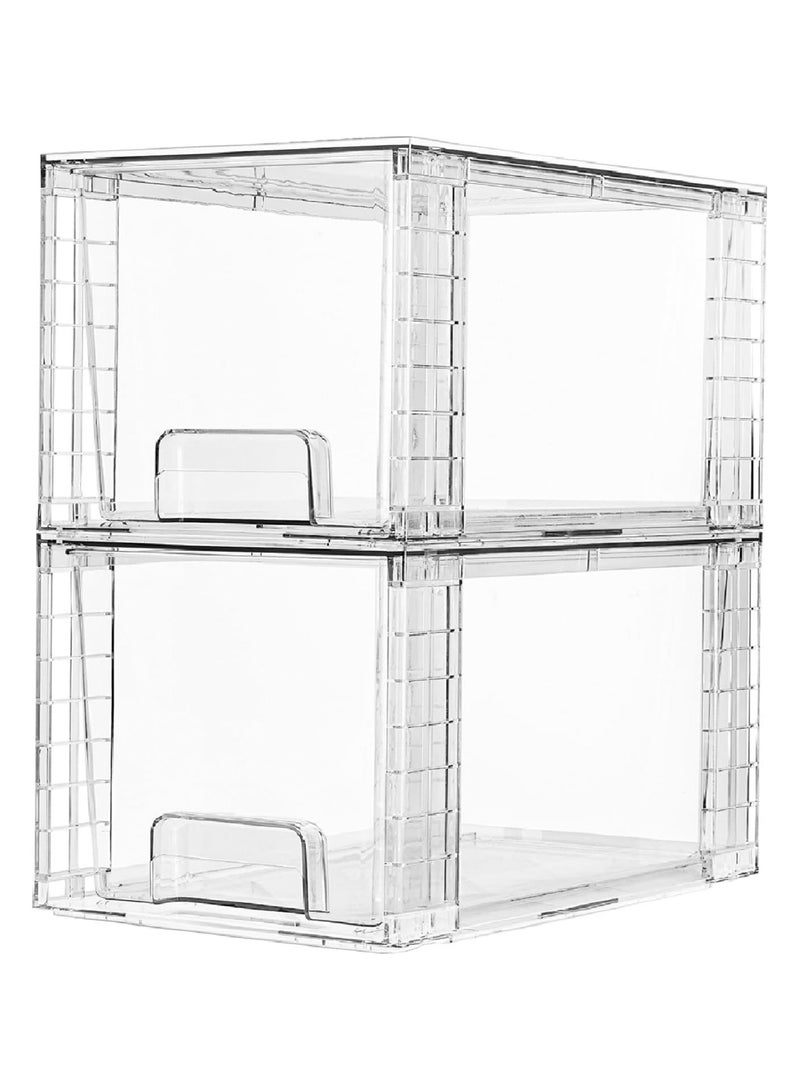 ZIMNEST 2 Pack Large Stackable Storage Drawers, Clear Acrylic Organiser Bins with Handles, Easily Assemble for Bathroom, Kitchen Undersink, Cabinet, Closet, Makeup, Pantry Organization - Image 1