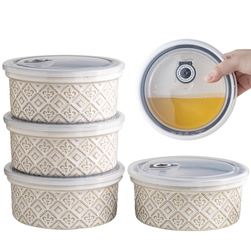 MISSYSSIM 40 Oz Ramekins Ceramic Airtight Bowls Set of 4 - Large Mixing Bowls with Lids Set for Salad, Pho, Soup, Pasta, Dessert, Serving, Oatmeal, Baking Dishes, Dishwasher & Microwave Safe, Beige - Image 1