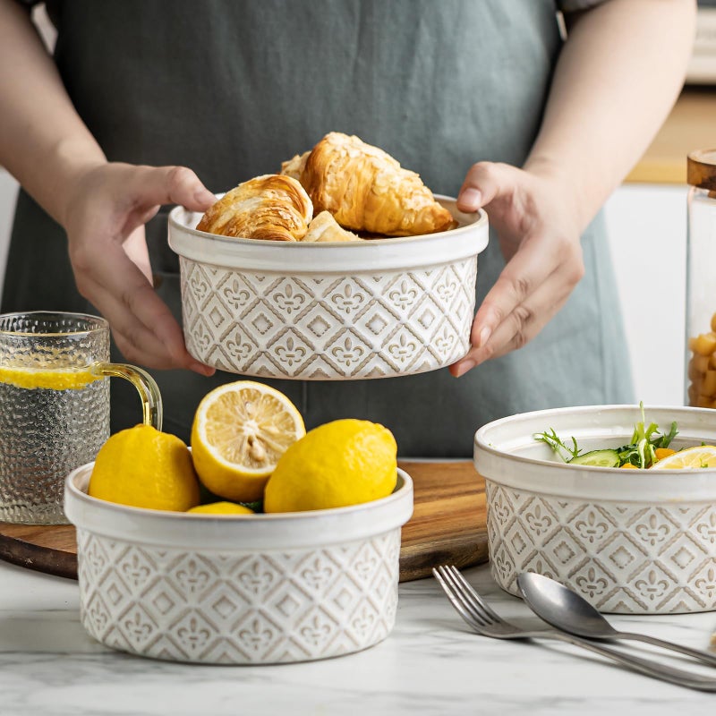 MISSYSSIM 40 Oz Ramekins Ceramic Airtight Bowls Set of 4 - Large Mixing Bowls with Lids Set for Salad, Pho, Soup, Pasta, Dessert, Serving, Oatmeal, Baking Dishes, Dishwasher & Microwave Safe, Beige - Image 3