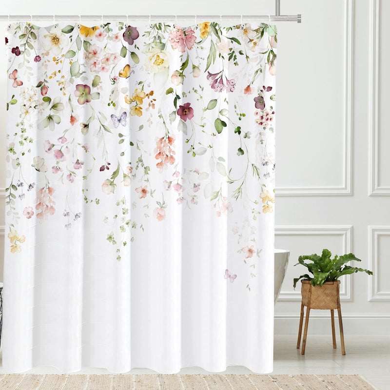 Tititex Blomming Bright Colorful Pink White Floral Shower Curtain, Watercolor Green Leaves with Butterflies on The Top Plant Bathroom Decoration Shower Curtain Sets 72x72 Inch with Hooks - Image 2