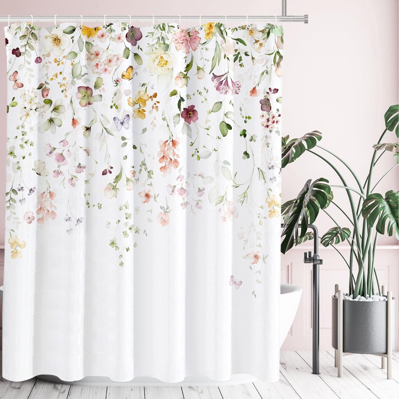 Tititex Blomming Bright Colorful Pink White Floral Shower Curtain, Watercolor Green Leaves with Butterflies on The Top Plant Bathroom Decoration Shower Curtain Sets 72x72 Inch with Hooks - Image 1