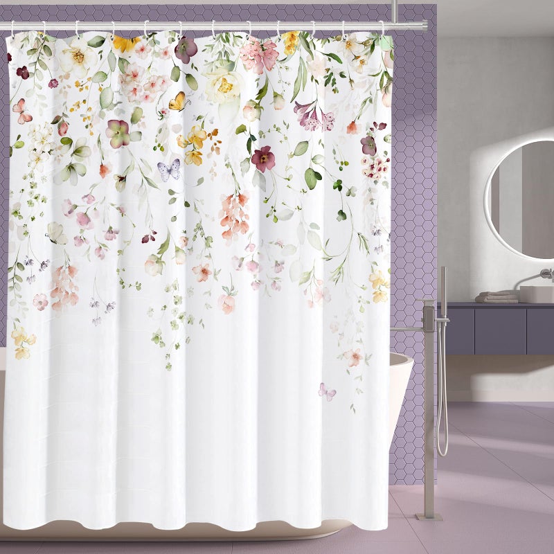 Tititex Blomming Bright Colorful Pink White Floral Shower Curtain, Watercolor Green Leaves with Butterflies on The Top Plant Bathroom Decoration Shower Curtain Sets 72x72 Inch with Hooks - Image 3