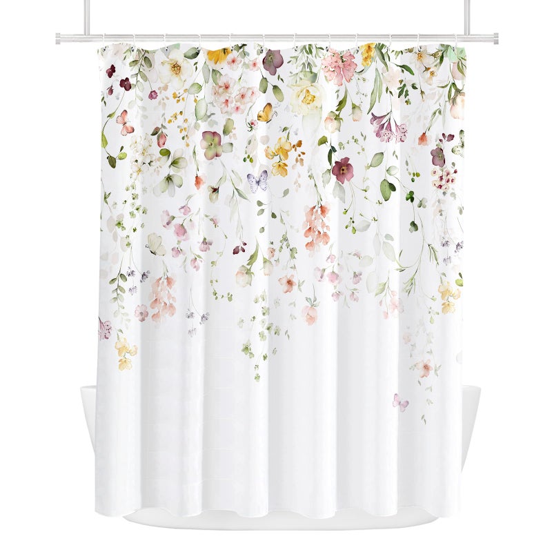 Tititex Blomming Bright Colorful Pink White Floral Shower Curtain, Watercolor Green Leaves with Butterflies on The Top Plant Bathroom Decoration Shower Curtain Sets 72x72 Inch with Hooks - Image 4